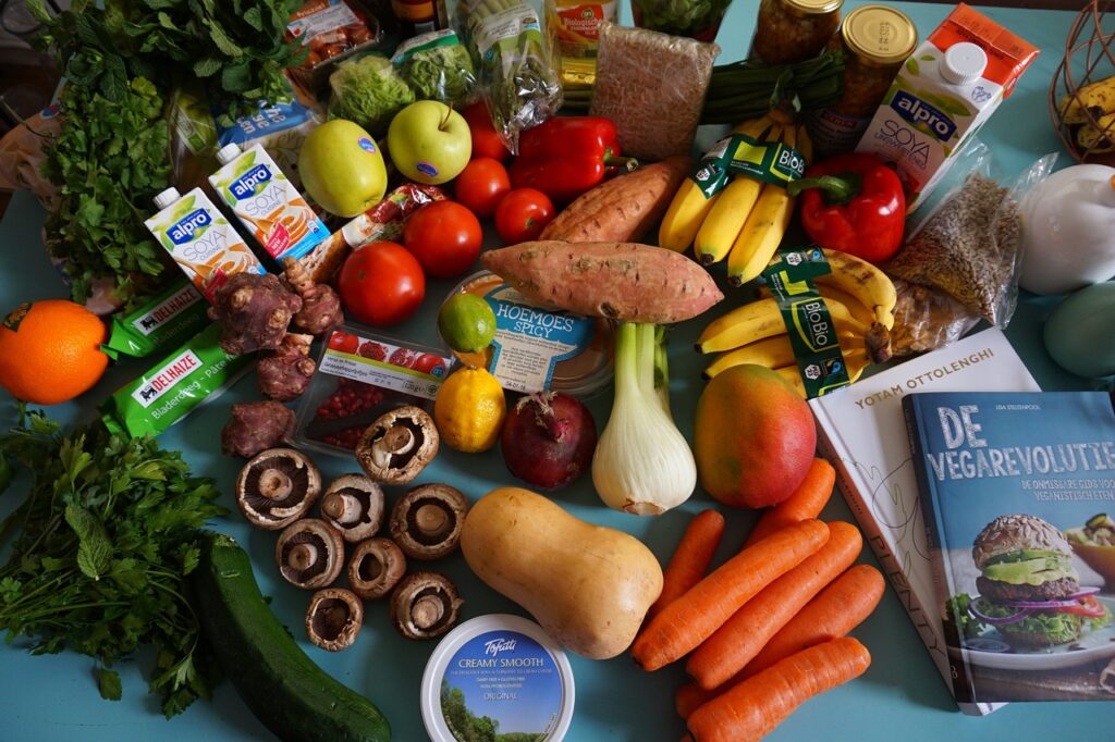 groceries laid out on a table.