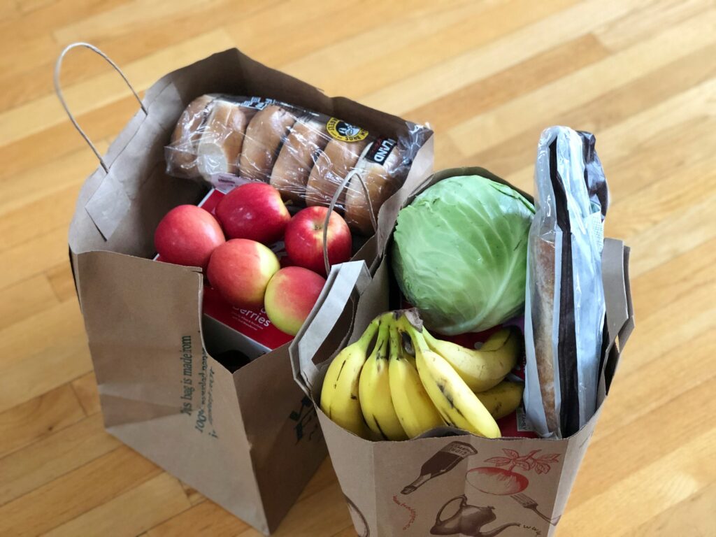 two paper bags filled with groceries